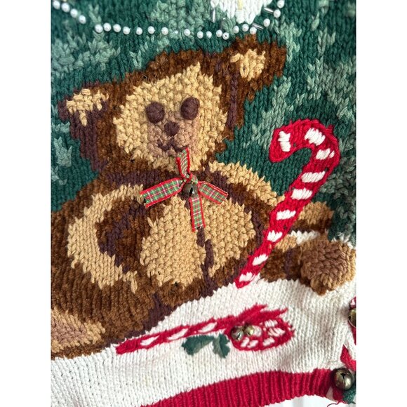 Vtg 90's Ugly Christmas Cardigan Sweater Women's M  Knit Bells Bows Teddy Bear - Picture 8 of 13